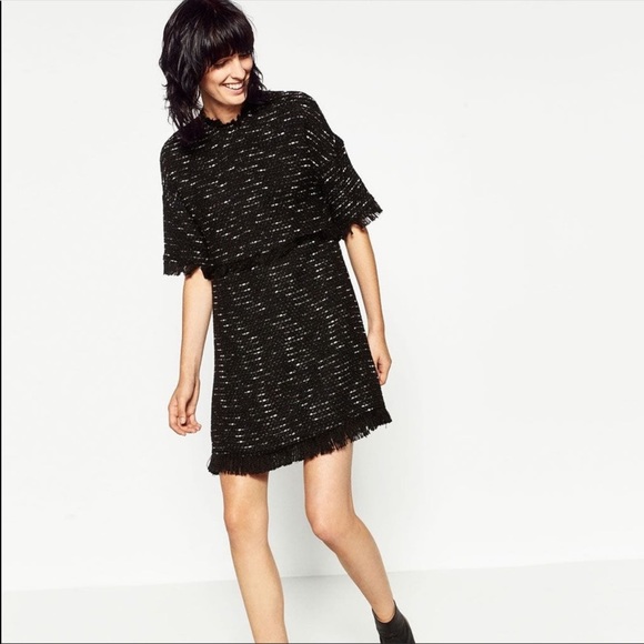 Zara Dresses & Skirts - Zara |  Black Tweed Fringed Mini Dress Size Small